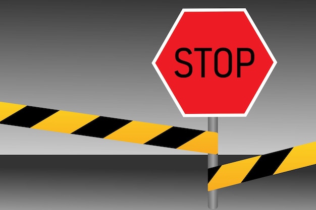 Stop sign in flat style on a gray background with warning tape Vector illustration