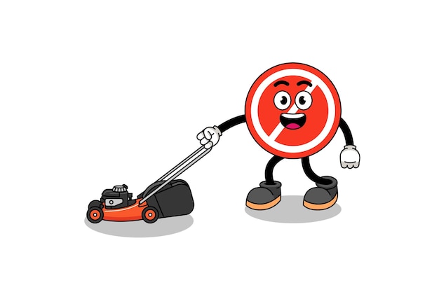 Stop sign illustration cartoon holding lawn mower character design