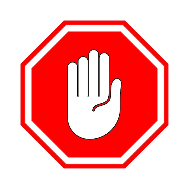 정지 신호. 팔각형 모양에 인간의 손으로 빨간색 금지 기호. 손으로 제스처를 멈추고 들어가지 마십시오. 위험합니다. 입구가 없습니다. 벡터