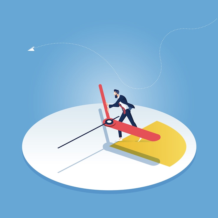 Vector stop time concept, businessman pushed the time back, deadline, time management