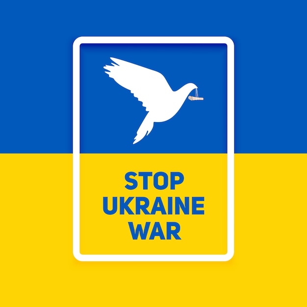 Ferma il testo della guerra in ucraina con il poster del concetto di bandiera e uccello