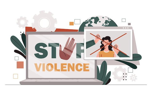 Vector stop violence concept stop sex and gender discrimination woman at laptop screen tolerance unity and