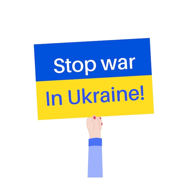 Остановить войну в Украине Рука с плакатом и украинским флагом Волонтерская помощь и пожертвования