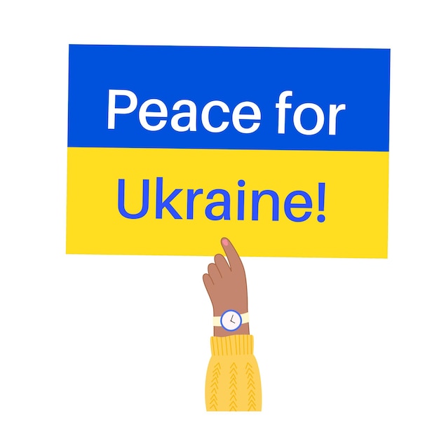 Stop the war in ukraine hand with poster and ukrainian flag volunteering help and donations