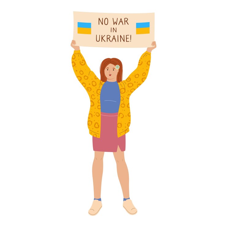 Вектор остановить войну в украине митинг молодая женщина держит баннер плакат нет войны женский персонаж против войны