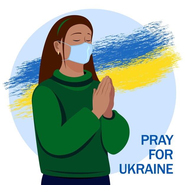 Stop the war. A woman praying against the background of the Ukrainian flag. Banner in support