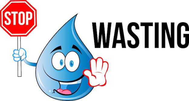 Stop water wasting banner with cartoon water drop design