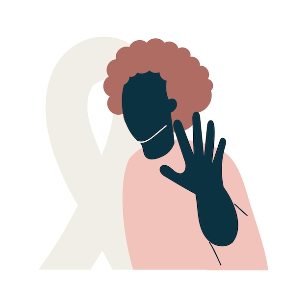 Stop women violence and abuse concept Young woman showing gesture stop International day for the elimination of violence against woman Strong African American girl flat vector illustration