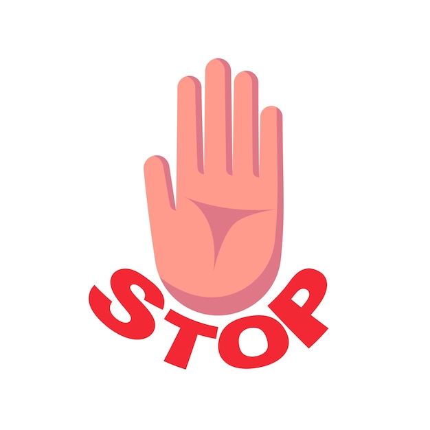 Stopbord platte pictogram geen invoer gebaar hand verbiedende rode tekst waarschuwing voor gevaar verboden activiteiten vector illustratie plat ontwerp geïsoleerd op witte achtergrond palm als symbool voorzichtigheid