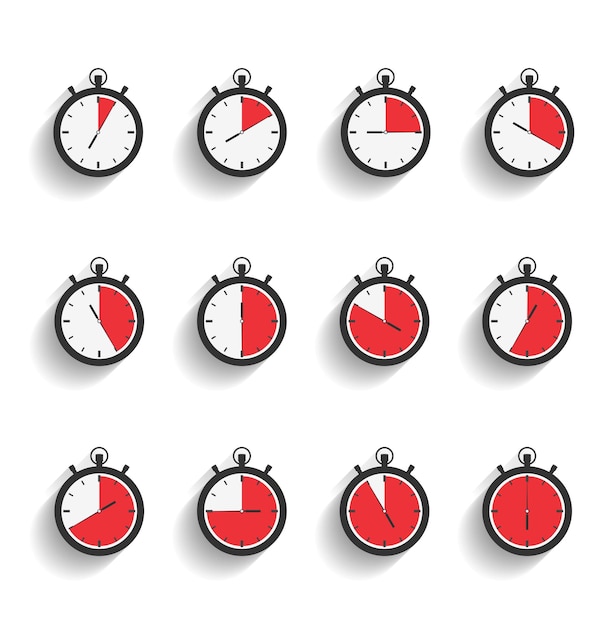 Stopwatch icons set with diagonal shadows flat design vector eps10 illustration