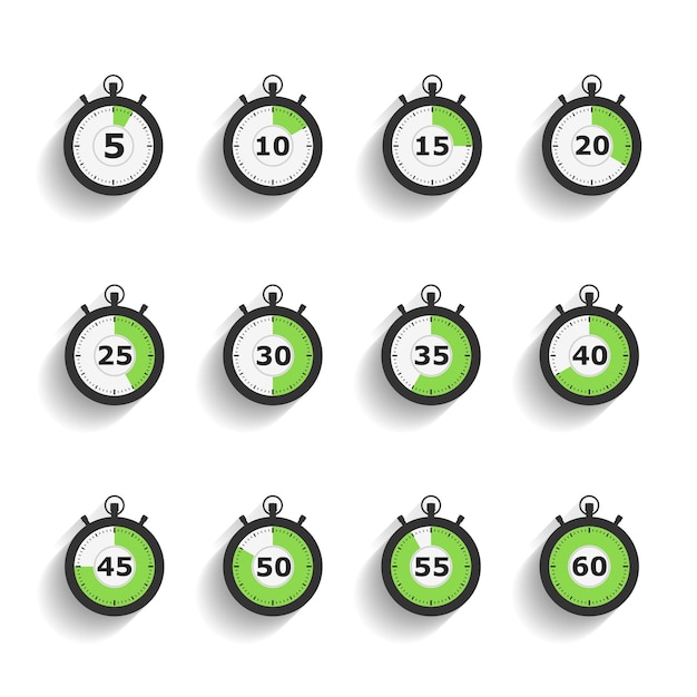 Stopwatch icons set with diagonal shadows flat design vector eps10 illustration