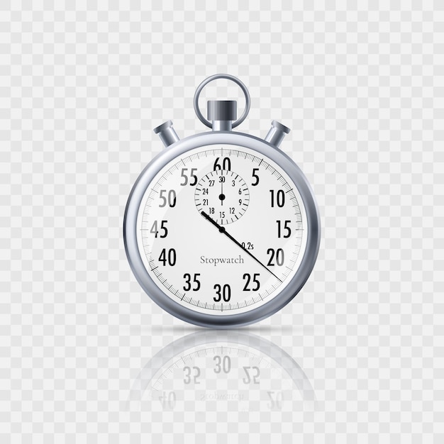 Stopwatch in realistische stijl met reflectie geïsoleerd op transparante achtergrond. Klassieke metalen stopwatch.