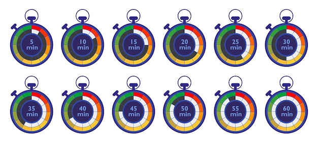 Stopwatch isolated icon set cooking or running time labels vector illustration