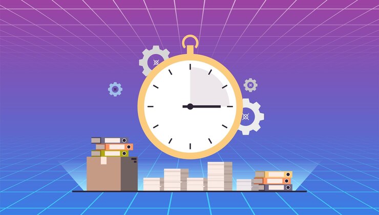 Vector stopwatch running in office hurry at work deadline time management concept flat vector illustration.