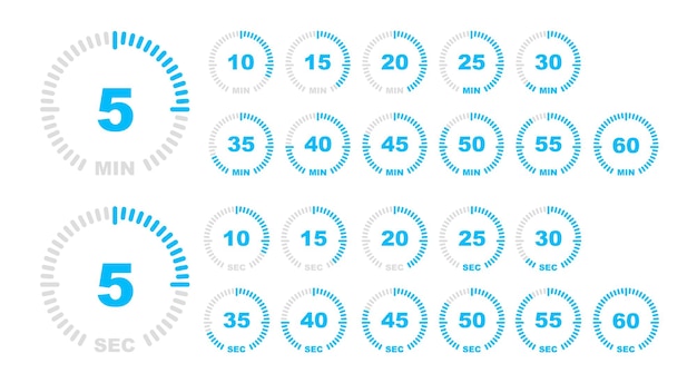 Векторные иконки секундомера Коллекция цифрового таймера обратного отсчета от 0 до 60 минут и секунд