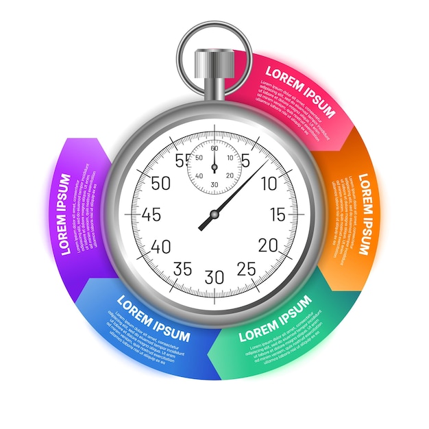 Stopwatch with options of circular shape Business infographics template for presentation advertising report design Colorful sections with timer in the center flat vector illustration