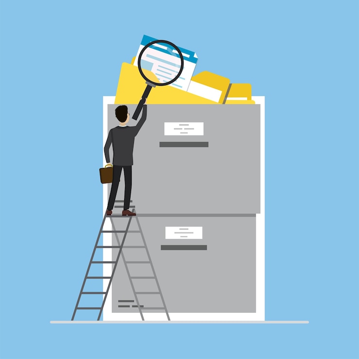 Vector storage box with yellow folders cartoon male clerk uses magnifying glass to search for documents