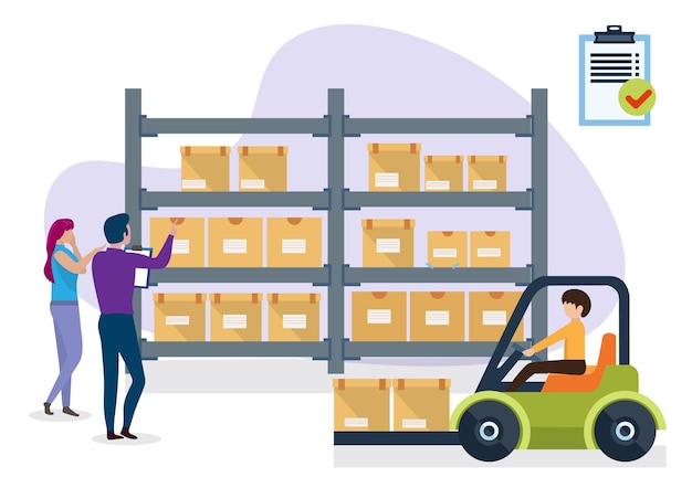 Vector storage boxes in warehouse store distribution and delivery storage concept man and woman are checking list forklift driver picking up palette of boxes flat style cartoon illustration vector