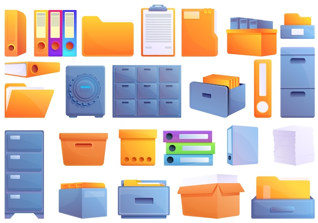 Vector storage of documents icons set, cartoon style