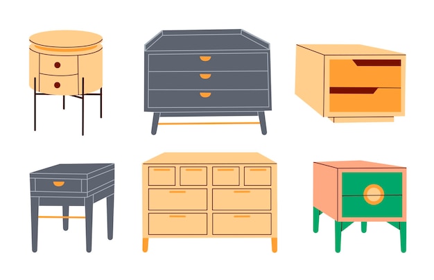 Storage furniture set Designer chest of drawers for the bedroom Storage cabinet in the living room FLat vector illustration