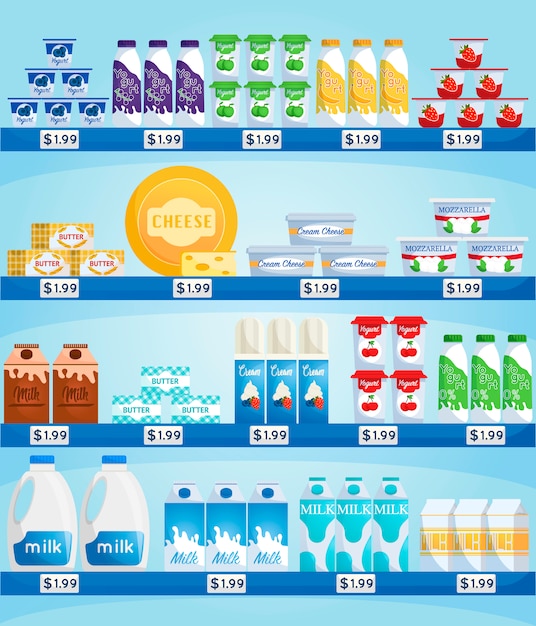 Store counter with dairy products. grocery with price tags, shelf or refrigerator with groceries.