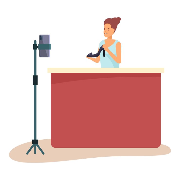 वेक्टर store employee is presenting a high heel shoe while recording a product review video blog