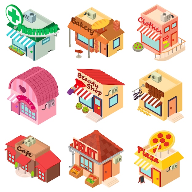 Store facade front shop icons set. isometric illustration of 9 store facade front shop vector icons for web