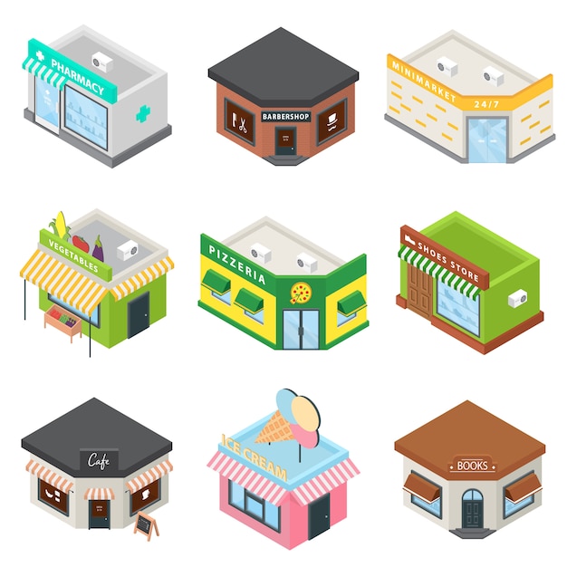 Vector store facade front shop icons set