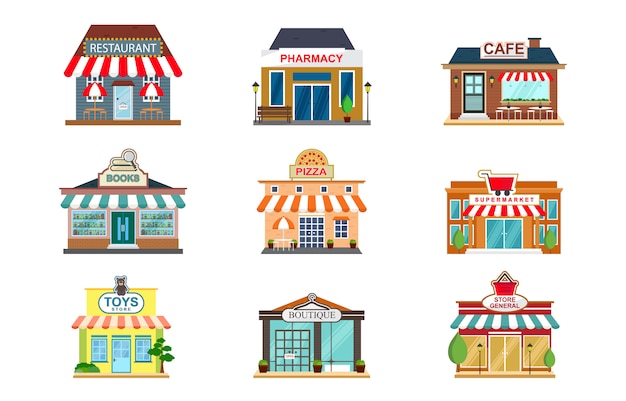 Store facade restaurant shop cafe front view flat icon