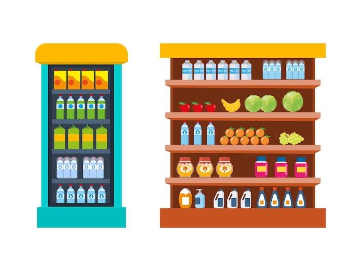 Vector store food products shopping mall counter with foods vegetables fruits