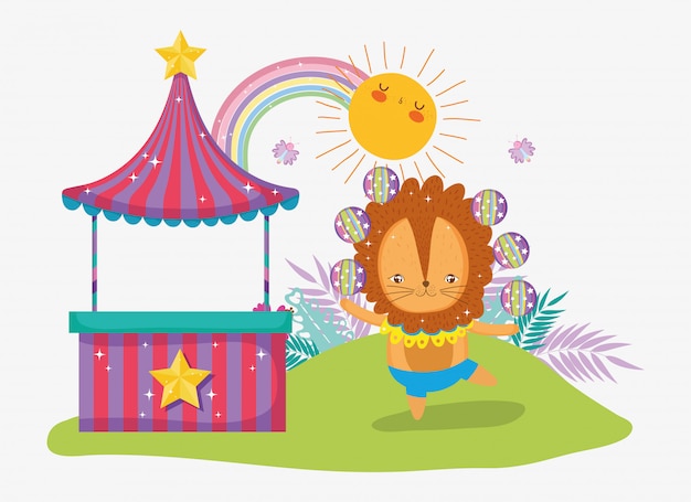 Vector store and lion juggle with sun and rainbow