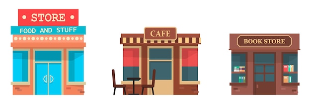 Build store market, cafe e bookstore. illustrazione vettoriale in design piatto