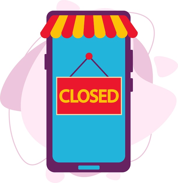 The store in the phone with the inscription closed. The online store is not working. Business concept in a flat style.