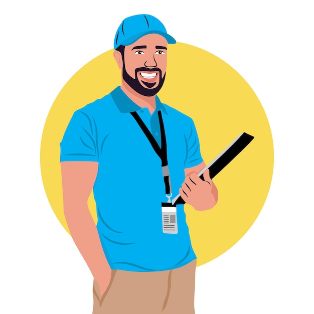 店員のベクトルイラストデザイン - 青いユニフォームと白い背景のセールスマンキャラクター