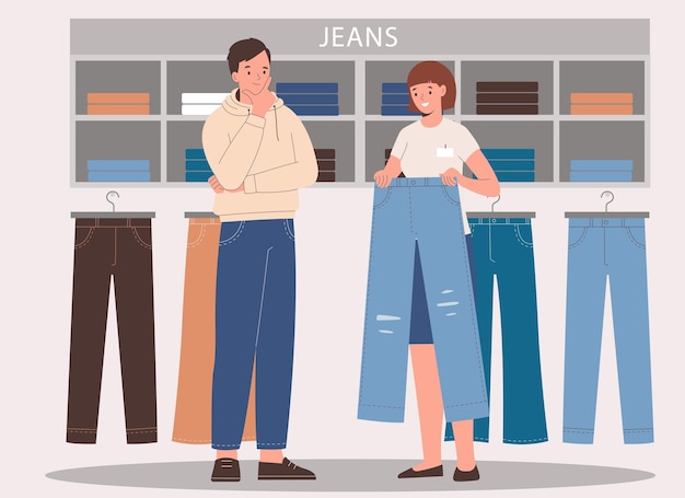 ベクトル 男性顧客にジーンズを示す店の売り手 ジーンズ店で買い物客を助ける店を支援する