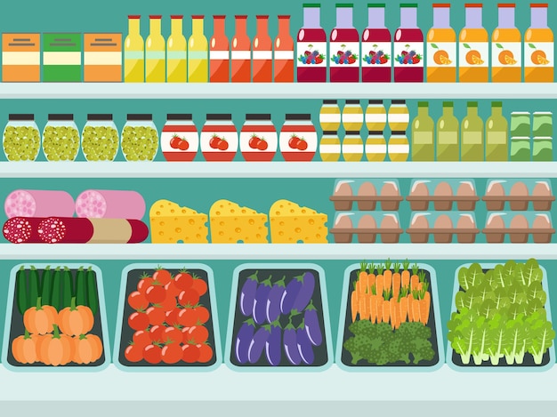 Vector store shelves with groceries food and drinks