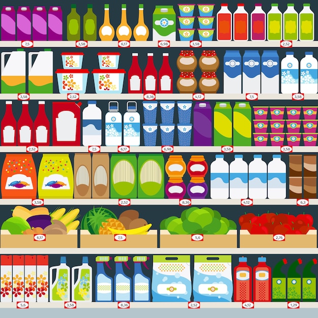 Vector store shelves with groceries