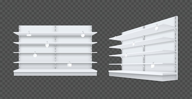 Vector store shelves with wobbler templates mockup realistic empty shelving stands for retail