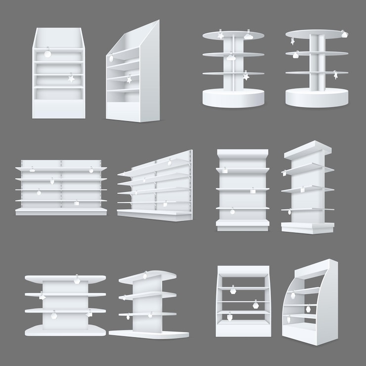 Vector store shelves with wobbler templates mockup set realistic empty shelving stands