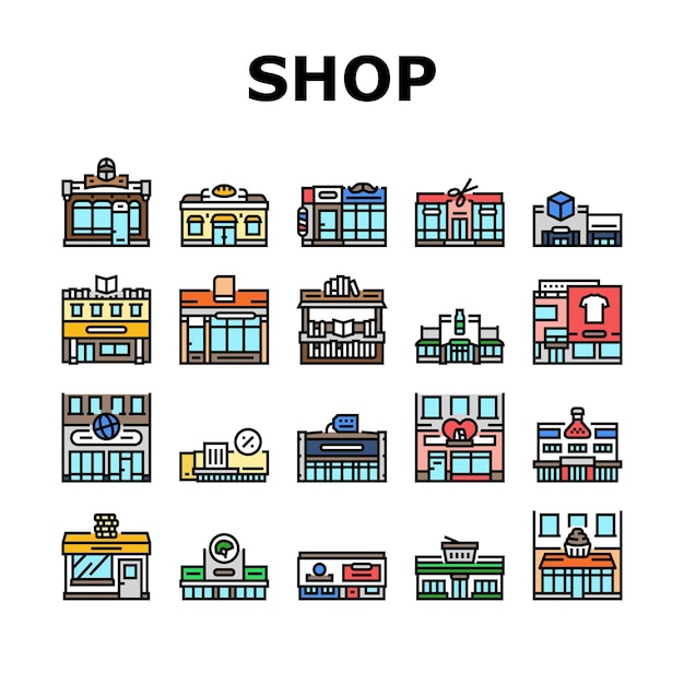 Store shop retail market icons set vector