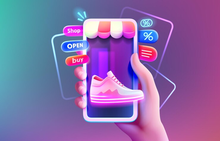 Vector the store window in the smartphone discount and purchase interest online market vector