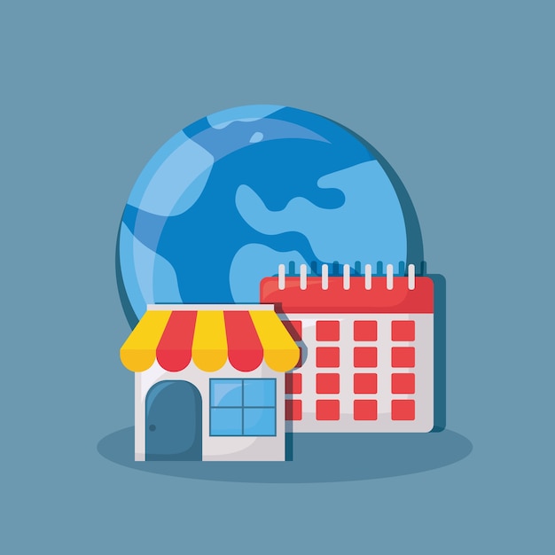 store with earth planet and calendar