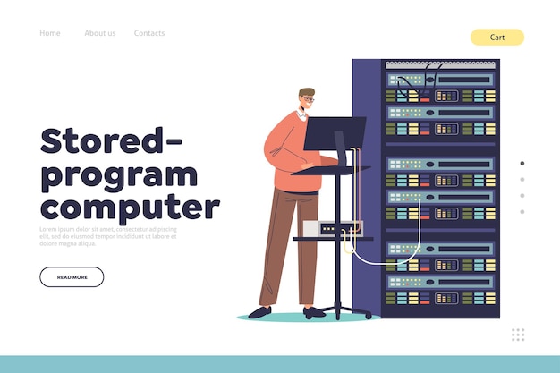 Вектор Сохраненная программа компьютера молодой мужчина системный администратор на работе мужчина занимается техническим обслуживанием сервера