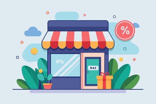 Vector a storefront adorned with a sale sign and colorful presents displayed outside online shop discount simple and minimalist flat vector illustration