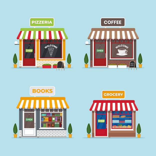 Storefront coffee, pizzeria, grocery, bookshop. set of isolated facade buildings. small business illustration in flat style