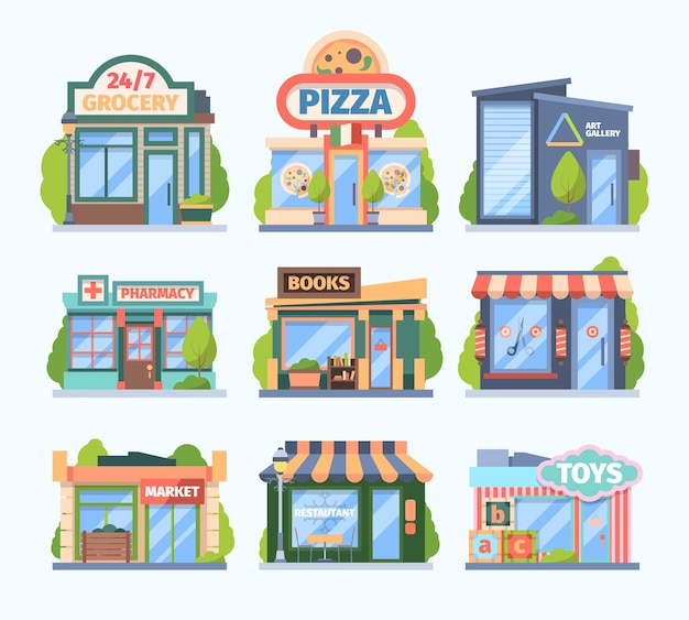 Stores and market set. facade colored shops pharmacies retail outlets book galleries toy store food medicine sales city boutiques with showcases awnings modern small buildings.