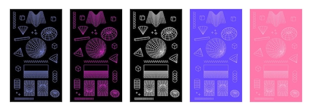 Vector stories design template set of cyberpunk elements retro futuristic aesthetic perspective grid