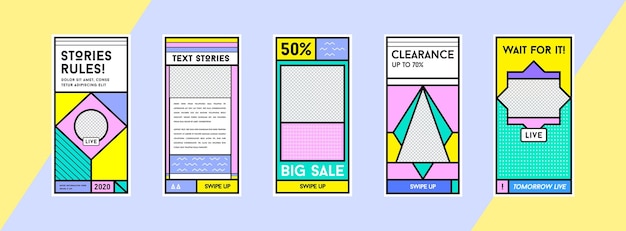 Stories Template Set in Memphis Retro Style Background Banner Template Landing Page Mobile App Poster Smartphone Template Vector