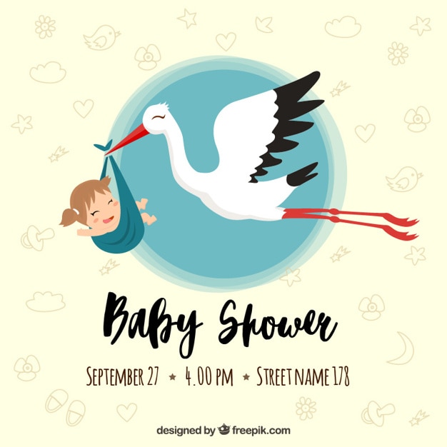 Vector stork baby shower card with nice little girl