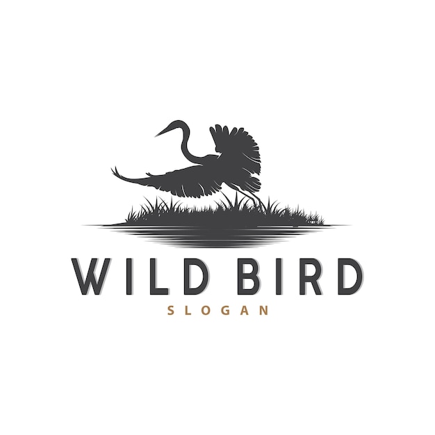 Stork Bird Logo Heron Grass And River Design Vector Simple Template illustration